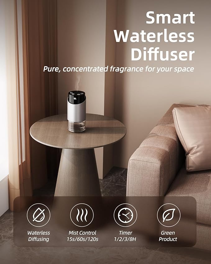 Waterless Essential Oil Diffuser Aromatherapy Scent Diffusers for Home Large Room, Car, Office, Desk, Mini Battery Operated Cordless Air Freshener, 4 Timers & 3 Mist Levels, 100ml Capacity (Silver)