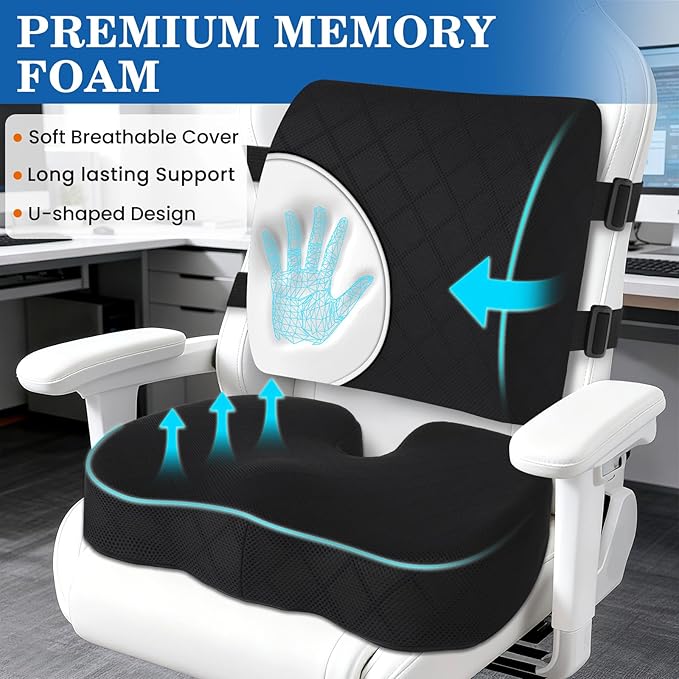 TushGuard Back&Seat Cushion, Car Seat Office Chair Cushions, Memory Foam Lumbar Back Support Pillow, Portable Airplane Seat Cushion for Travel, Computer Desk, Wheelchair, Driving (Black, X-Large)