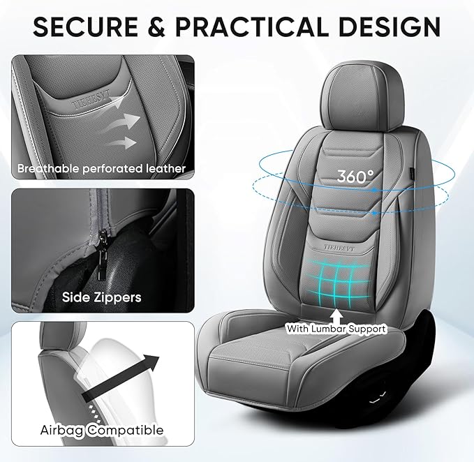 Gray Car Seat Covers Full Set, Breathable Leather Automotive Front and Rear Seat Covers & Headrest for Reduce The Driving Fatigue, Compatible with Most Vehicles, Cars