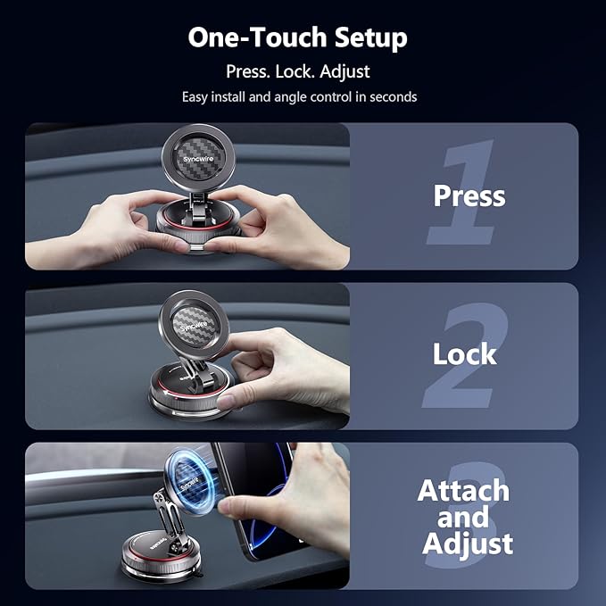 SYNCWIRE for MagSafe Car Mount [2-Axis Design] Nano Adhesive Gel + Suction Cup Magnetic Phone Holder for Dashboard & Windshield, 360° Adjustable for iPhone 17 16 15 14 13 12 11, Samsung, Carbon Fiber