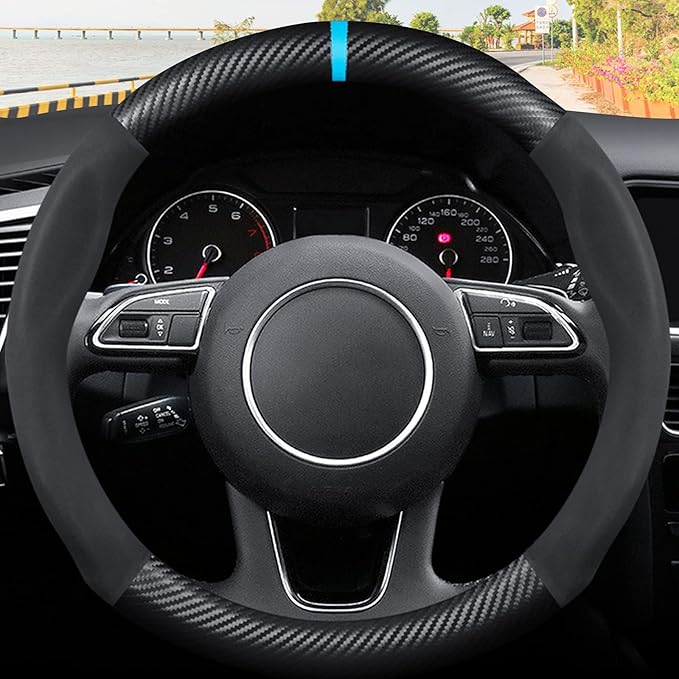 Ergocar Round Shape Carbon Fiber & Microfiber PU Leather Steering Wheel Cover Anti-Slip Car Steering Wheel Protector Breathable Sweat Absorbent Sport for Diameter 38cm（15"）-Black Blue