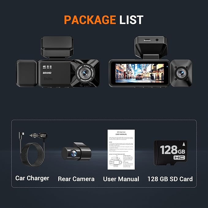 4K 3 Channel Dash Cam Front and Rear with Cabin, 4K+1080P+1080P Dash Camera for Cars, Free 128GB Card Included, Dash Cam with Night Vision, WiFi, GPS, APP Control, Parking Monitor, Loop Recording