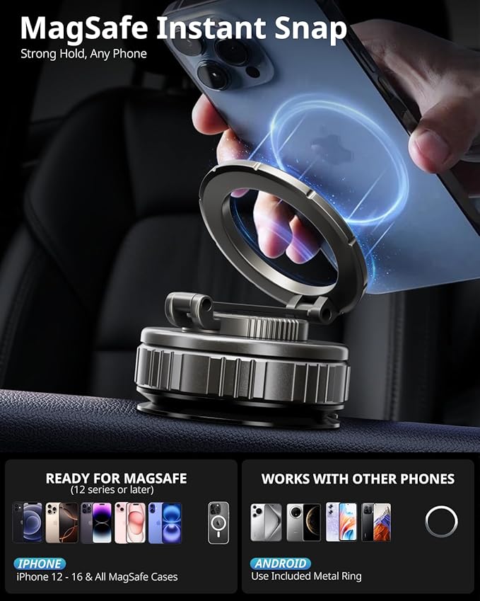 UBeesize 2025 Upgraded 360° Magsafe Vacuum Magnetic Car Phone Holder [108+LBS Strongest Suction&3000gf Dual-Lock Nano Gel] Dashboard & Windshield Mount, Compatible with iPhone 16/15/14/13&Other Phones