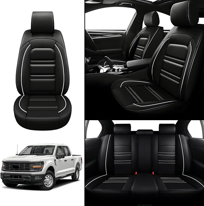 Seat Covers for Ford f150 2003-2025 | 5-Seats Leather Seat Covers, Easy to Install Automotive Seat Covers Full Set (Full Set, Black&White Line)