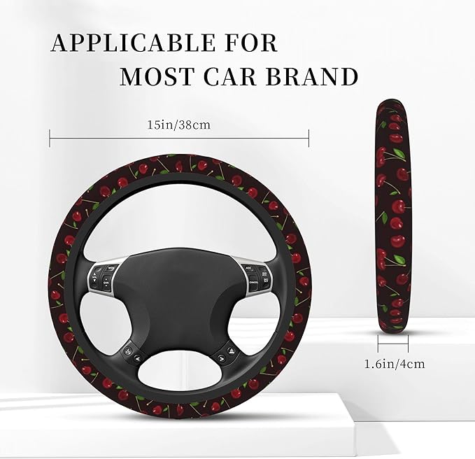 Red Cherry Steering Wheel Cover for Women, Universal 15 inch Breathable Anti Slip Steering Wheel Covers for Cars, Auto, SUVs