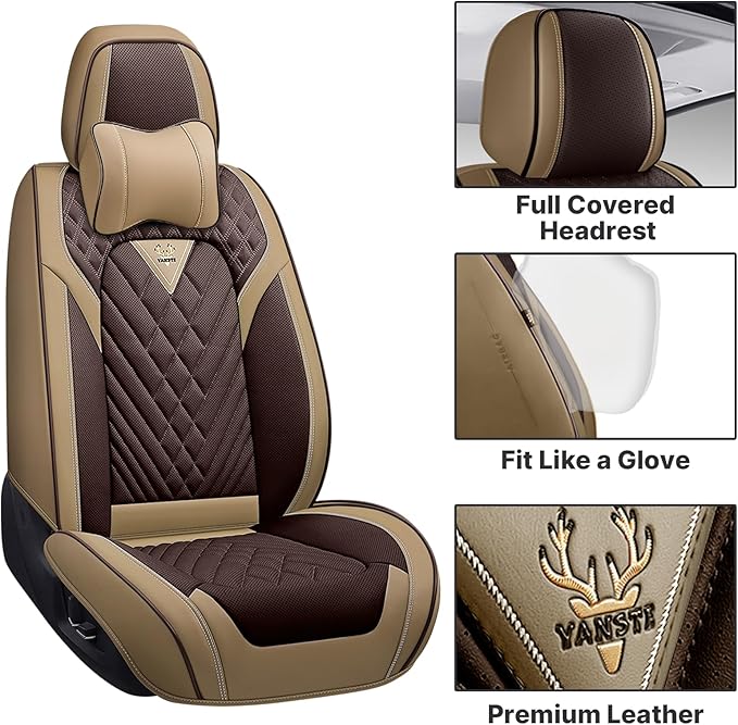 Leather Car Seat Cover Full Set, Waterproof and Protector, Brown&Beige, 5 Seat Cushion, Fits Most Cars