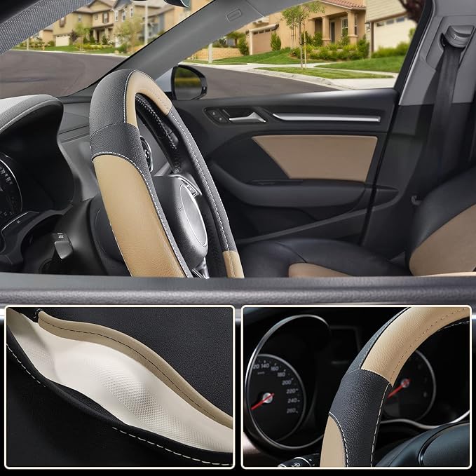SEG Direct Car Steering Wheel Cover for Prius Civic Model 3 Model Y Camaro, Small Size 14-14.25 inch, Black and Beige Microfiber Leather