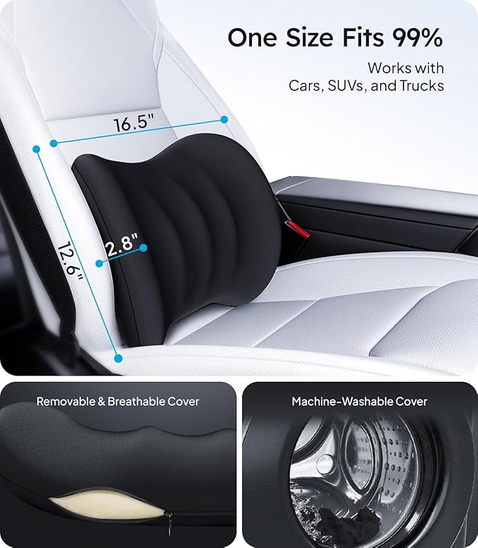 Wigoo 2025 Lumbar Support Pillow for Car [Ergonomic Design, Pressure Relief] Back Cushion for Driving Seat, Back Support Pillow for Car-Office Chair, Fits All Vehicles (Black 1-Pack)