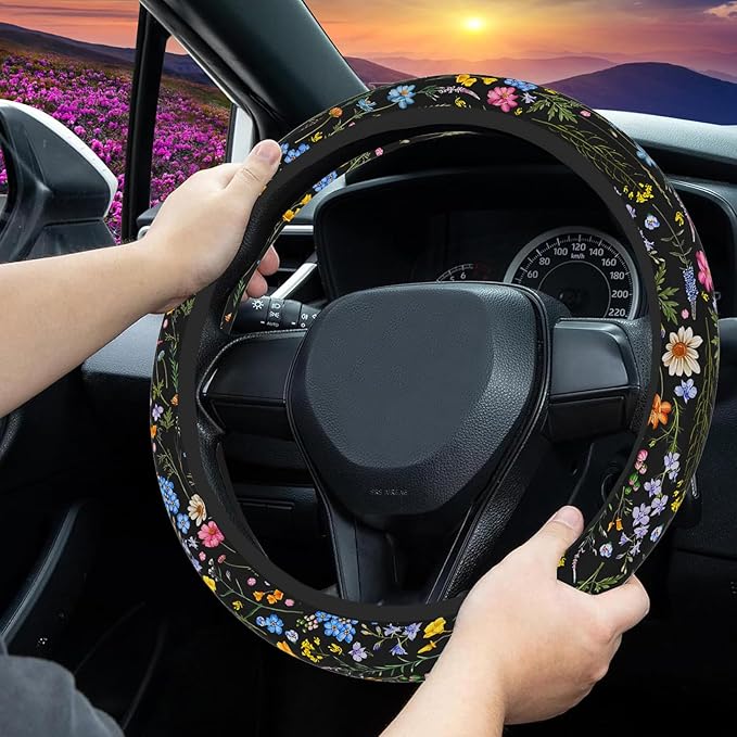 Wildflower Steering Wheel Cover, Flower Car Accessory for Diverse Cars, Steering Wheel Cover Non-Slip Breathable Fabric Absorbing Sweat Universal Car Accessories 14.5–15 inch