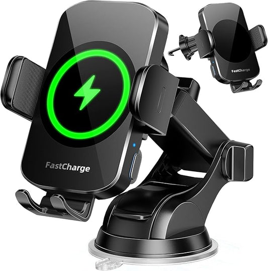 Wireless Car Charger, Fast Charging Phone Holder 3 in 1 Phone Mount Auto Clamping Car Accessories Compatible with iPhone 17 16 15 14 13 12 11 Xs XR, Samsung S23 Ultra S22 S21 S20(Deep Space Black)