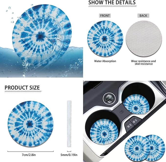 Blue Tie-Dye Car Steering Wheel Cover Set for Men Women 6 Pcs Car Interior Decor Cup Coaster Handbrake Cover Universal Fit Auto,Suvs,Truck
