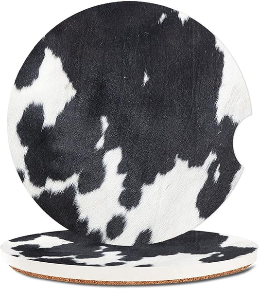 White Black Cow Print Absorbent Cup Holders Car Coasters,Ceramic Stone Drinks Coaster Set for Women Man 2.56"(2 Pack)