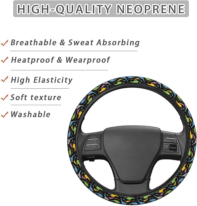 Dujiea Dinosaur Silhouette Elastic Stretch Steering Wheel Cover, Anti-Slip and Durable Car Steering Wheel Accessories for Women Men, 15 Inch Universal Fit Car, Truck, SUV