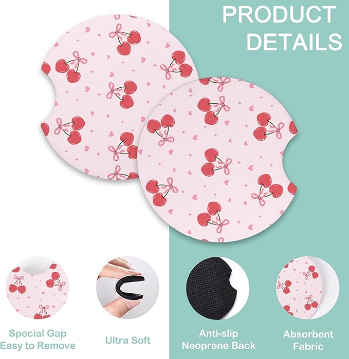 Pink Cherries and Bows Steering Wheel Cover for Women Men,Anti-Slip Breathable Car Steering Wheel Cover Elastic Protection with 2 Pieces Car Coasters,Universal 15" Fit Auto,Suvs,Truck