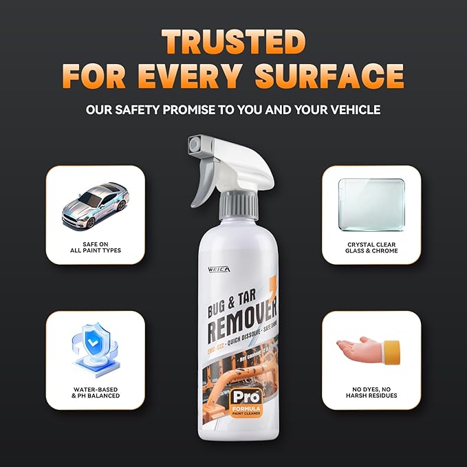 Pro Strength Bug and Tar Remover for Cars - Rapid Dissolve Formula, Safe on Clear Coat Paint, Windshield, Chrome - Effective Auto Detailing Cleaner - 16 fl oz