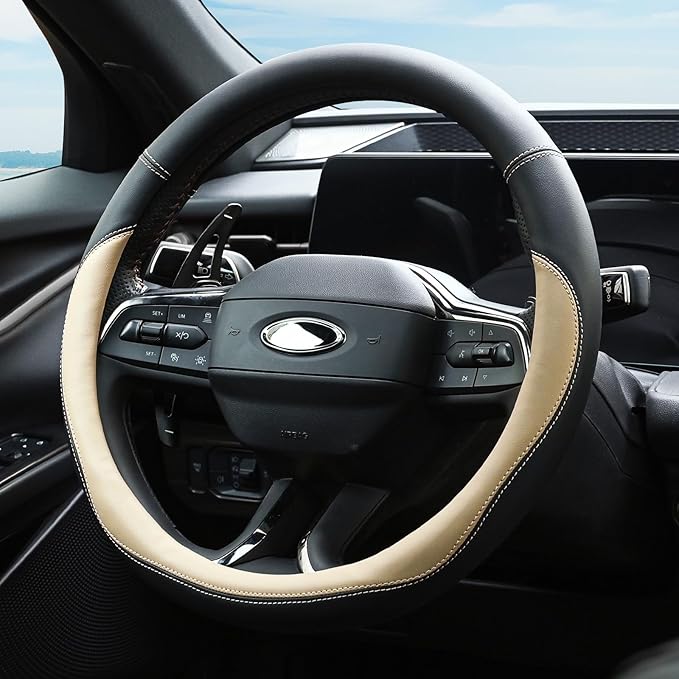 Valleycomfy Microfiber Leather Steering Wheel Covers Universal 15 inch （Beige）