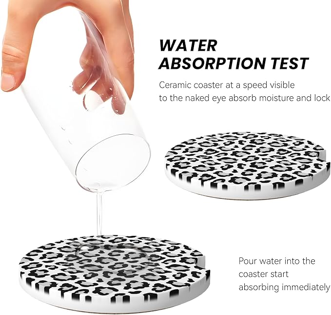 Absorbent Car Coasters for Cup Holders, 2 Pack Universal Anti Slip Ceramic Cup Coaster for Women Men 2.56 Inch Car Interior Accessories - White Grey Leopard 004