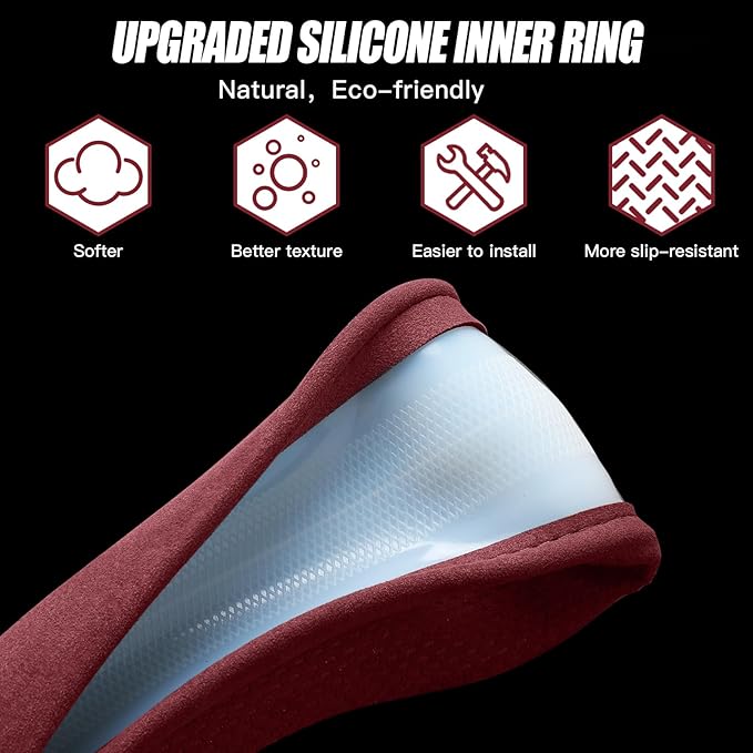 Suede Steering Wheel Cover with Upgraded Silicone Inner Ring, Breathable, Anti-Slip, Leather Universal 14.5 to 15 Inch Steering Wheel Cover (Burgundy with Handwoven Craft)