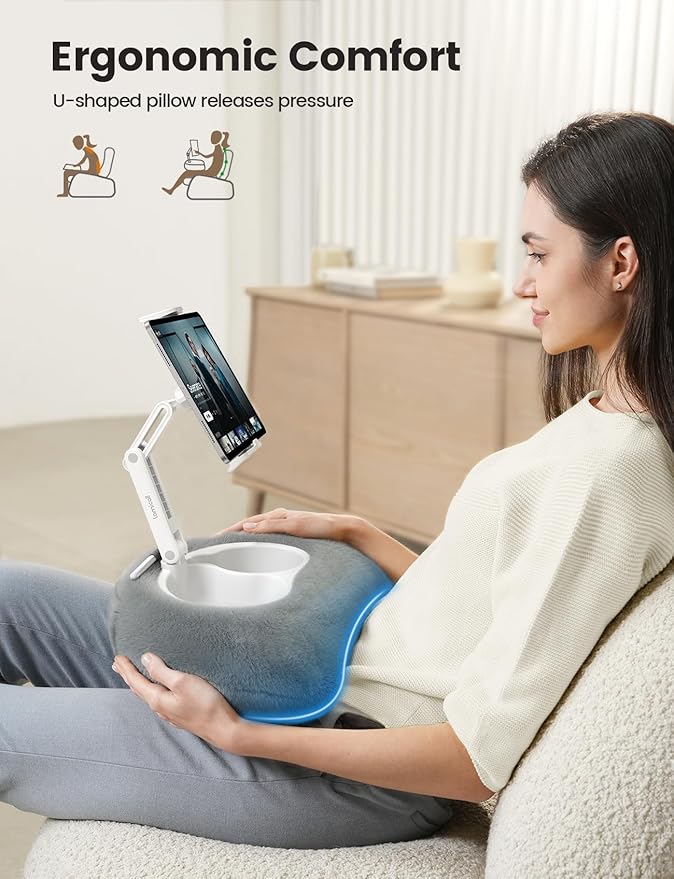 Lamicall Tablet Pillow Stand Holder - [Food-Grade Bowl][Soft & Fluffy] Lap Kindle iPad Holder w/Adjustable Arm, Kindle Accessories for Reading in Bed, iPad Stand for 4.7-13" Tablet, E-Reader, iPhone