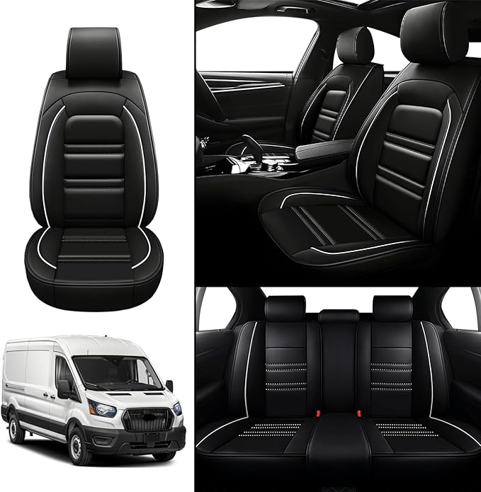 Seat Covers for Ford Transit 2014-2024 | 5-Seats Leather Seat Covers, Easy to Install Automotive Seat Covers Full Set (Full Set, Black&White Line)