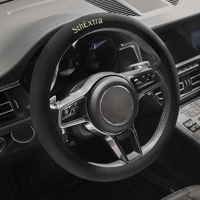 Suede Steering Wheel Cover with Upgraded Silicone Inner Ring, Anti Heat, Breathable, Anti-Slip, Leather Universal 14.5 to 15 inch Steering Wheel Cover (Black with Embroidery Mark)