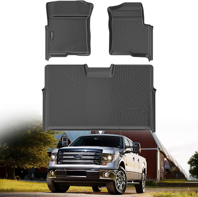 All Weather Floor Mats for 2010-2014 Ford F150 SuperCrew/Crew Cab with 1st Row Bucket Seat, TPE Rubber Floor Liners Anti-Slip Full Set Automotive Mats for 2014 F150 Accessories
