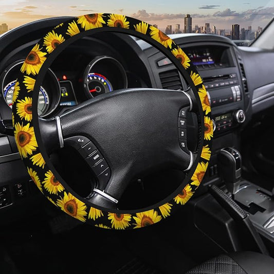 Sunflower Steering Wheel Cover - Yellow Flower Petal Bloom Boho Elastic Universal 15 Inch for Trucks, Auto, Vans