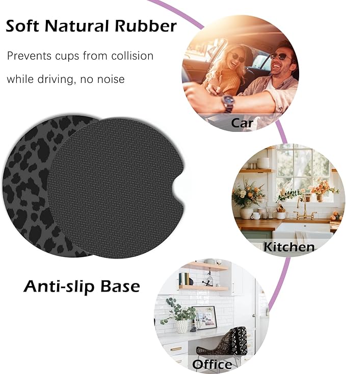 2 Pcs Car Cup Coasters, Black Leopard Print Universal Non-Slip Rubber Car Coasters for Cup Holders 2.75 inch, Car Interior Accessories for Women