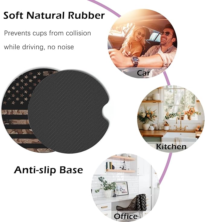 2 Pcs Car Cup Coasters, Wood Grain American Flag Universal Non-Slip Rubber Car Coasters for Cup Holders 2.75 inch, Car Interior Accessories for Men