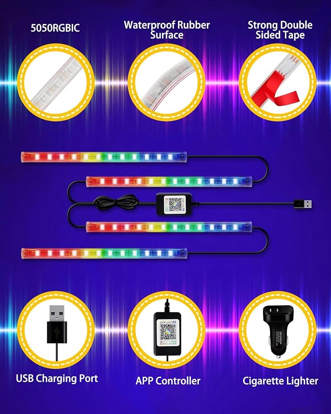 YM E-Bright RGB Car Led Strip Lights with App Control Remote Smart Interior Neon Under Dash Footwell with Car Charger USB Powered DIY Mode Music Sync Multicolor Change 2 Lines Design