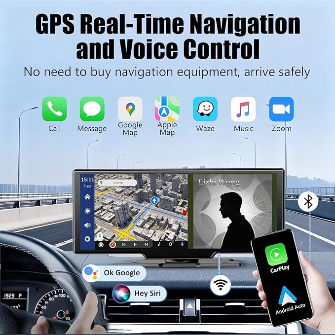 10.26″ Wireless Apple CarPlay & Android Auto Touchscreen – Portable Car Dashboard with 4K Front DVR, 1080P Rear Camera, GPS Navigation, Loop Recording, Mirror Link, Voice Control
