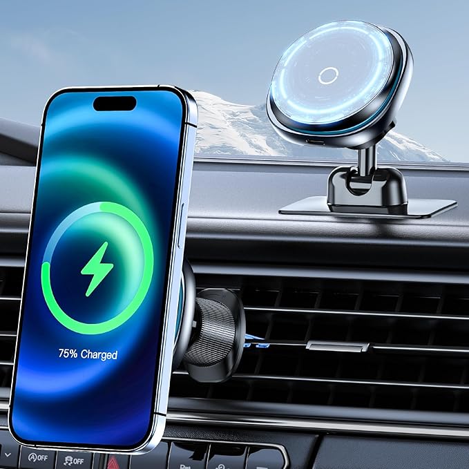 This Hill 15W Fast Magnetic Car Phone Mount - 2-in-1 Dashboard/Air Vent Mount with 360° Rotation & Secure Double Hook Clip, Compatible with MagSafe Case, iPhone, Samsung & More