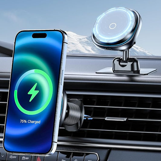 This Hill 15W Fast Magnetic Car Phone Mount - 2-in-1 Dashboard/Air Vent Mount with 360° Rotation & Secure Double Hook Clip, Compatible with MagSafe Case, iPhone, Samsung & More