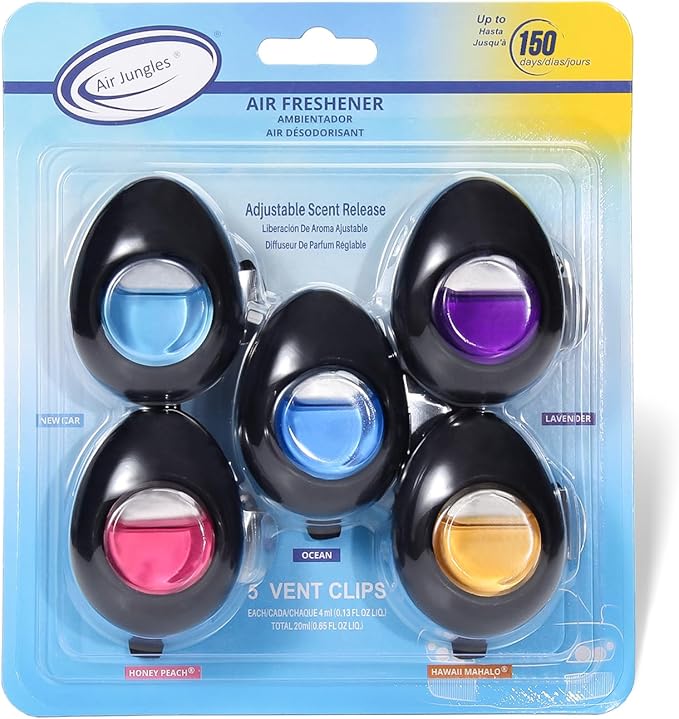 Air Jungles Car Air Freshener Vent Clip 5 Count, Variety Pack – New Car, Ocean, Lavender, Honey Peach, Hawaii Mahalo, 4 ml Each, Long-Lasting Odor Eliminator, Up to 150 Days Freshness for Auto