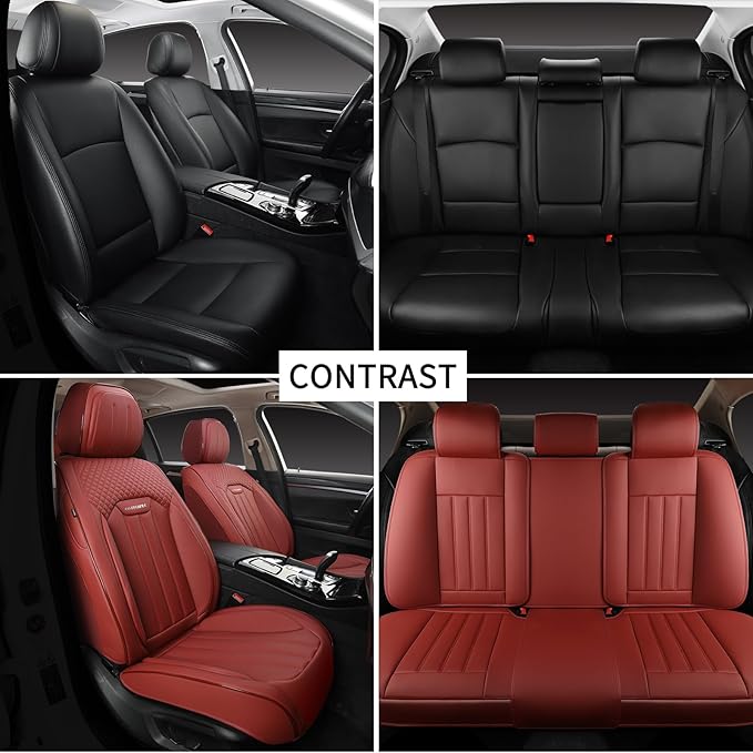 Red Car Seat Covers Full Set, Universal Leather Seat Cover for Cars 5 Seats, Waterproof and Breathable Automotive Seat Cover Front and Rear Seat Covers for Most Trucks, Sedans, SUVs
