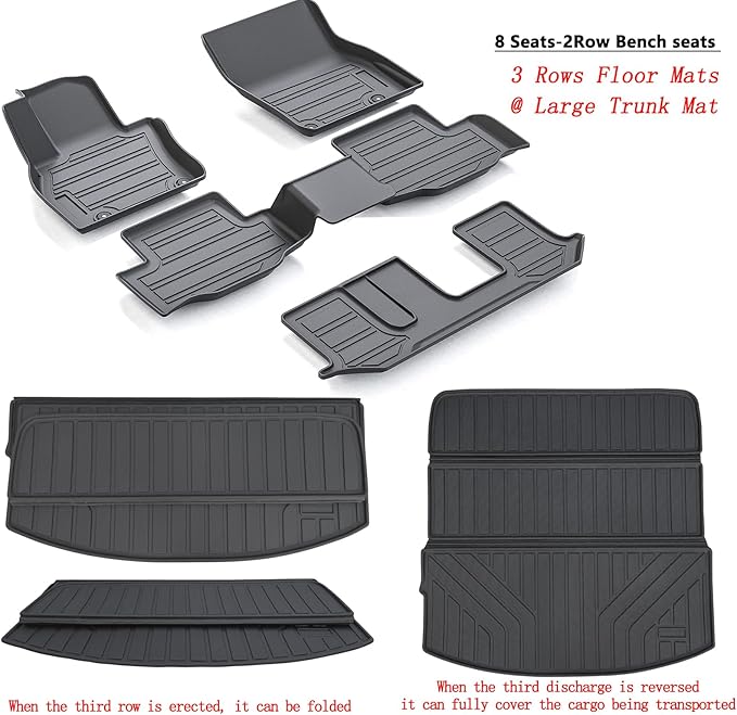 Floor Mats & Trunk mat for 2024 2025 Mazda CX-90 PHEV 8 Seats-2 Row Bench Seat(Not Fit 6&7 Seats) TPE All Weather Protection 3 Rows Car Floor Liners & Cargo Liners for CX90 Accessories