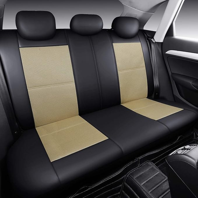 P&J AUTO Leather and Mesh Car Seat Cover Full Set in 9pcs Universal Fit for Cars Trucks Vans & SUVs Airbag Compatible (Beige)