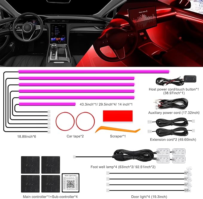 Acrylic Interior Car LED Strip Light with Wireless APP, RGB 14 in 1 with 175 inches 612 LEDs Fiber Optic Strip Lights for Car, Dual Zone Music Sync Neon Car Ambient Lighting Kits