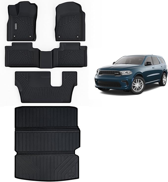 Floor Mats & Large Trunk Mat for 2016-2023 2024 Dodge Durango (7-Seats(2 Row Bench Seat)),TPE All Weather Protection 1st & 2nd & 3rd Rows Full Set Car Floor Liners with Cargo Liners-Black