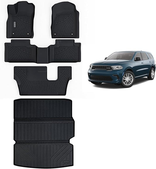 Floor Mats & Large Trunk Mat for 2016-2023 2024 Dodge Durango (7-Seats(2 Row Bench Seat)),TPE All Weather Protection 1st & 2nd & 3rd Rows Full Set Car Floor Liners with Cargo Liners-Black