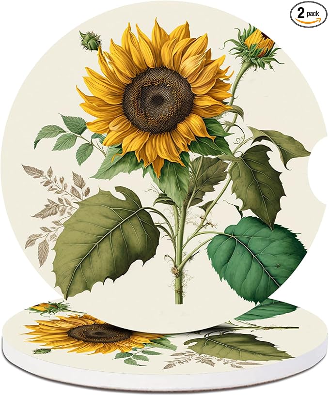 2 Pack Car Cup Holder Coaster-Sunflower Green Leaves Absorbent Ceramic Coaster, Car Coasters for Cup Holders,Auto Accessories for Women & Men