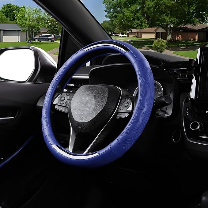 SEG Direct Car Steering Wheel Cover Medium Size 14 1/2"-15" Embossed Microfiber Leather with Carbon Fiber Pattern Blue