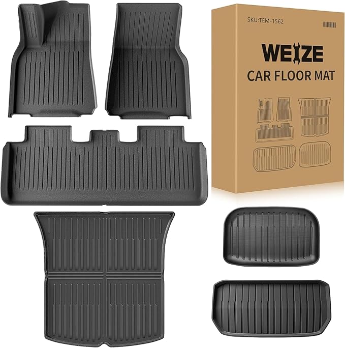 Weize Floor Mats & Cargo Liners Fits Tesla Model Y 5-Seat 2021 2022 2023 2024 All Weather TPE Floor Mats and Cargo Trunk Mats Accessories, Set of 6 Mats (Not Fit 7-Seat)