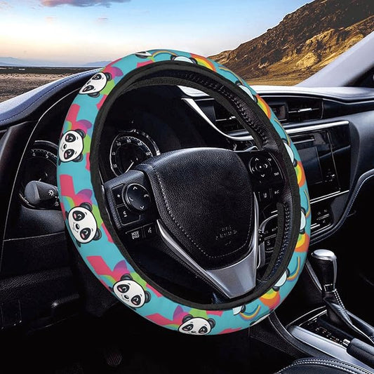 Rainbow Cartoon Cute Panda Steering Wheel Covers Anti-Slip Elasticity Car Accessories Steering Wheel Protector Universal 15 Inch for Cars SUV Vehicle Truck