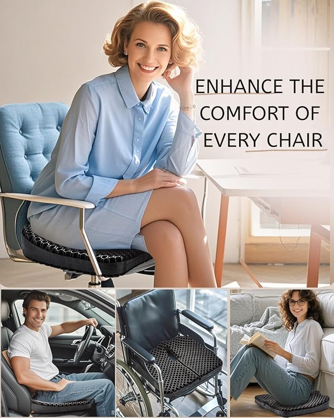 Gel Seat Cushion for Long Sitting & Hip Pain Relief (Large Size) - Cooling 24D Cushions for Office Chair, Car, Wheelchair, Breathable & Non-Slip Cover with Pressure Relief Technology