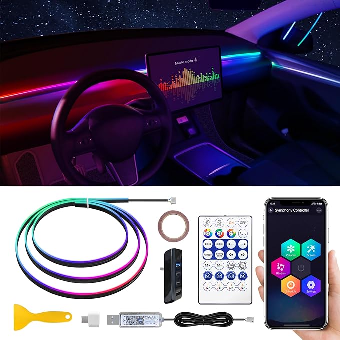 Dreamcolor Acrylic Interior Car LED Strip Light with USB Hub, 55.1 inches Fiber Optic Ambient Lighting Kits, RGB+IC Colors Sound Active Function Neon LED Strip