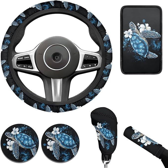 Blue Sea Turtle Steering Wheel Cover Sets Flower Print Car Accessories Handbrake Cover Cup Coaster Car Interiors Decor for Men Women 6pcs