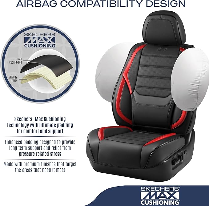 Skechers Seat Covers,Memory Foam Leather Car Seat Covers,Waterproof Car Seat Protector Full Sets,Car Seat Cushion Airbag Automotive Universal Fit for Most Cars,Vans,Trucks,SUV,Red