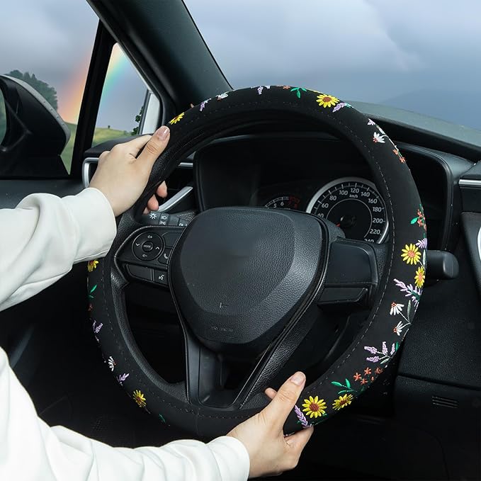 Embroidered Sunflower Lavender Cute Black Steering Wheel Cover, Auto Anti-Slip Breathable Steering Wheel Protector, Butterfly Floral Car Accessories for Women,Universal Size Fit Most Cars -15 inch