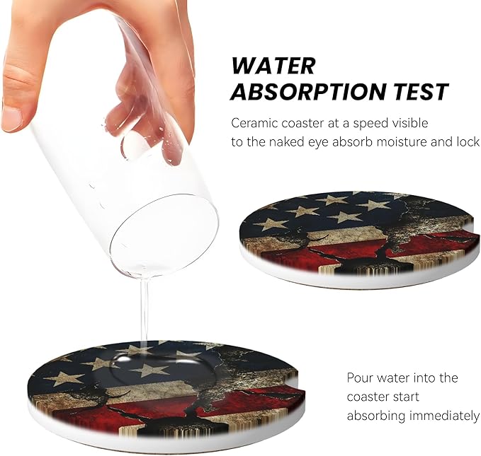 Absorbent Car Coasters for Cup Holders, 2 Pack Universal Anti Slip Ceramic Cup Coaster for Women Men 2.56 Inch Car Interior Accessories - Vintage American Flag 011
